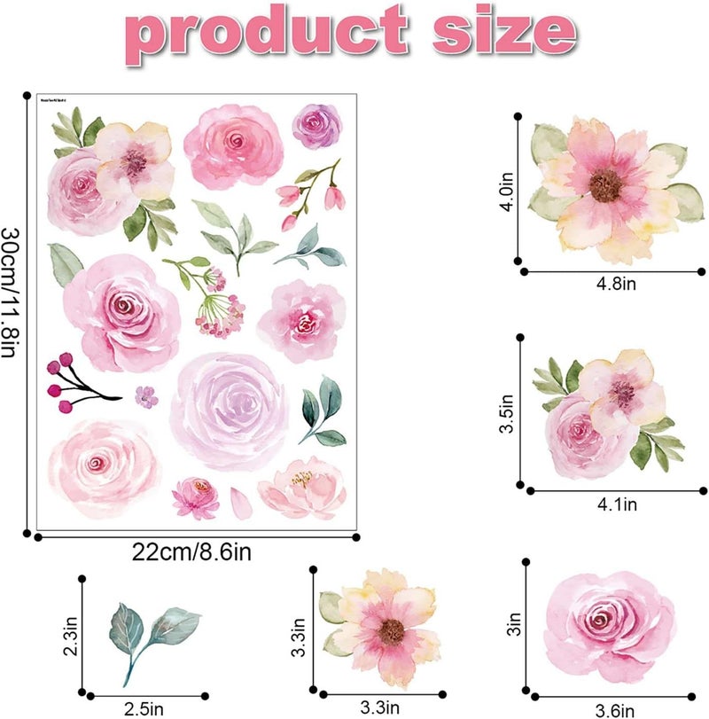 CharmFlo Floral Wall Decals Peel and Stick | 60PCS Watercolor Peony Flower & Leaves Stickers | Removable Vinyl Wall Art for Girls Bedroom, Nursery, Living Room | Pastel Home Decor - Image 2